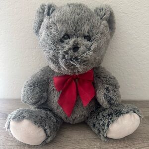 HugFun Teddy Bear Plush Stuffed Animal Toy Gray Red Bow 12”